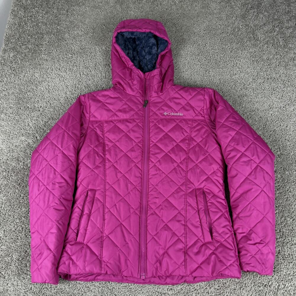 Columbia Jacket Womens Medium Pink Quilted Hooded Fleece Lined Full Zip Warm - Picture 2 of 13